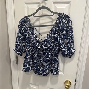 Elegant Blue and White Floral Blouse